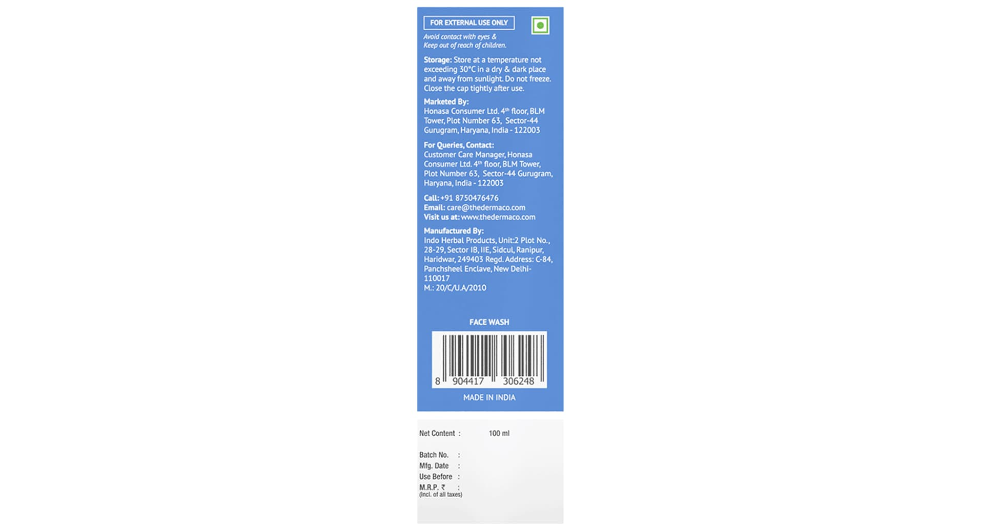The Derma Co kojic acid face wash storage and marketer panel