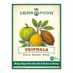 Triphala Capsules SBL Herbopathy carton front, three fruits illustration