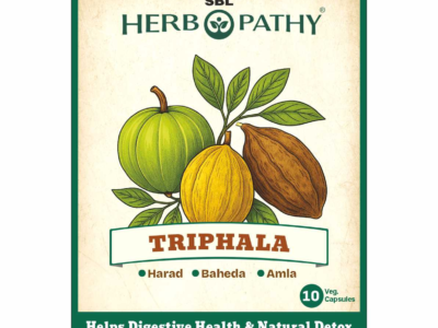 Triphala Capsules SBL Herbopathy carton front, three fruits illustration
