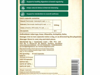 Triphala Capsules composition and dosage panel