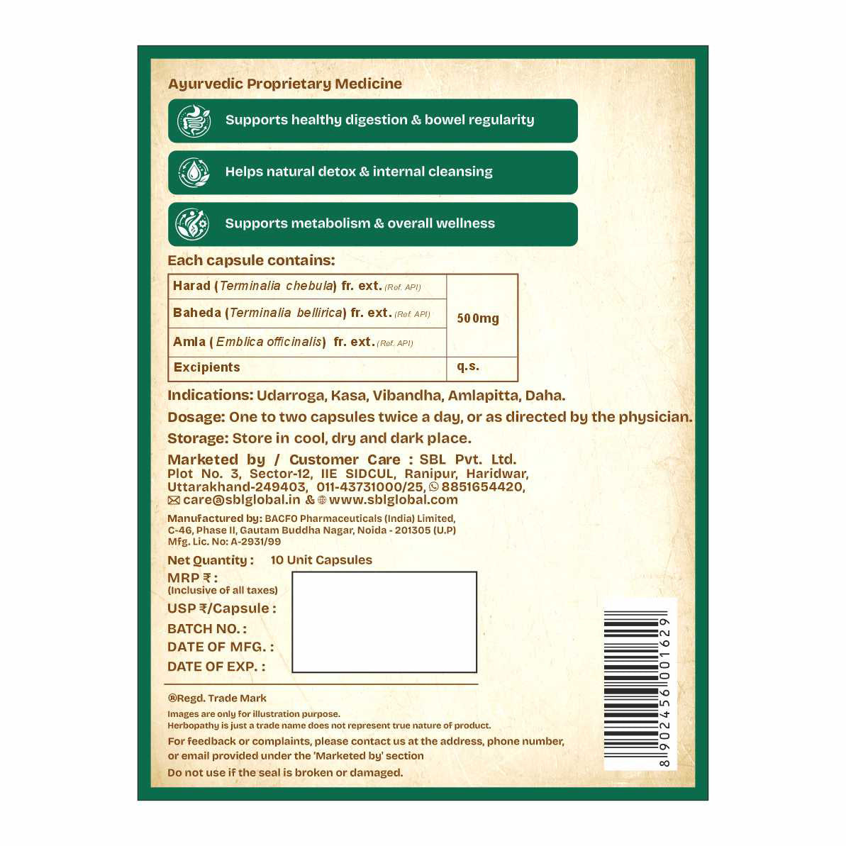 Triphala Capsules composition and dosage panel