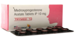 Trymed-10 Tablet medroxyprogesterone acetate 10 mg carton with strip