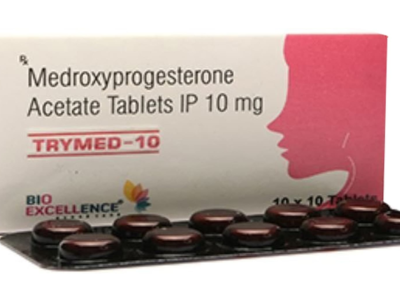 Trymed-10 Tablet medroxyprogesterone acetate 10 mg carton with strip