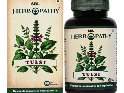 Tulsi Capsules SBL Herbopathy 60 count bottle and carton