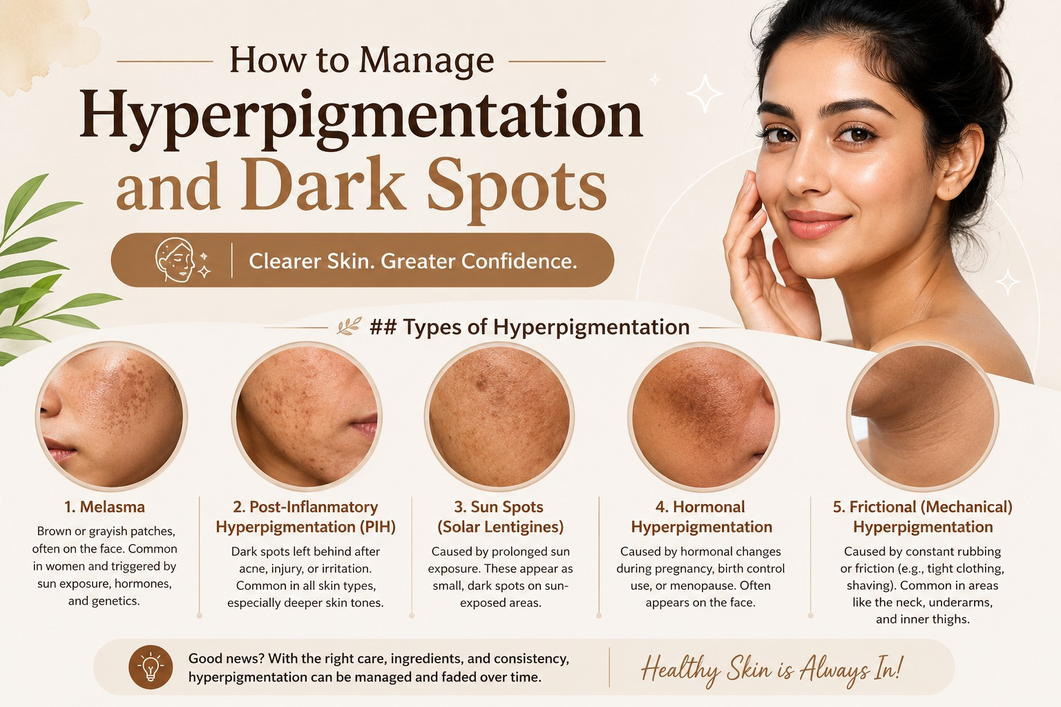Types of hyperpigmentation: melasma, PIH, sun spots, hormonal and frictional