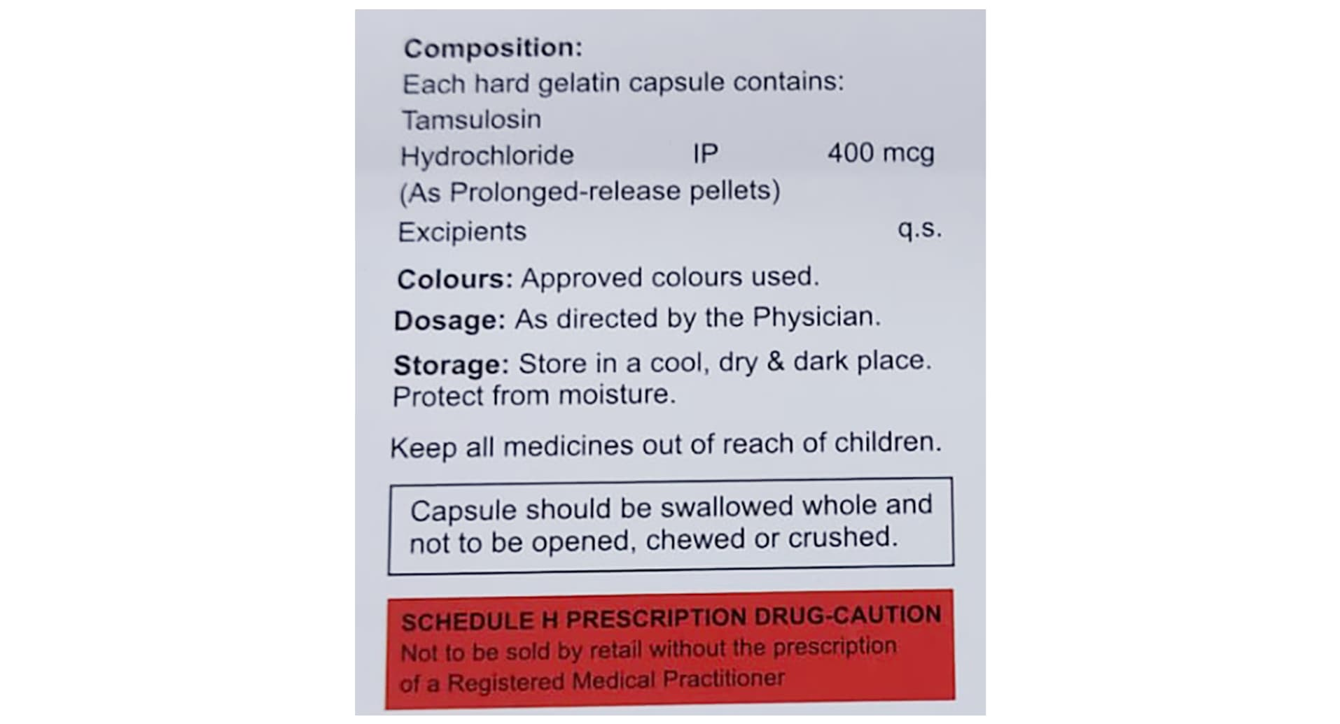 Urilosin 0.4 mg Capsule PR composition and Schedule H panel
