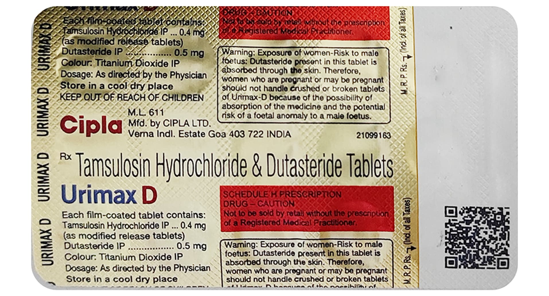 Urimax D Tablet MR strip composition and foetal exposure warning