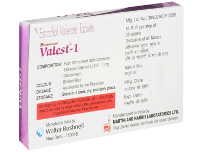 Valest-1 micronised estradiol valerate 1 mg carton with composition