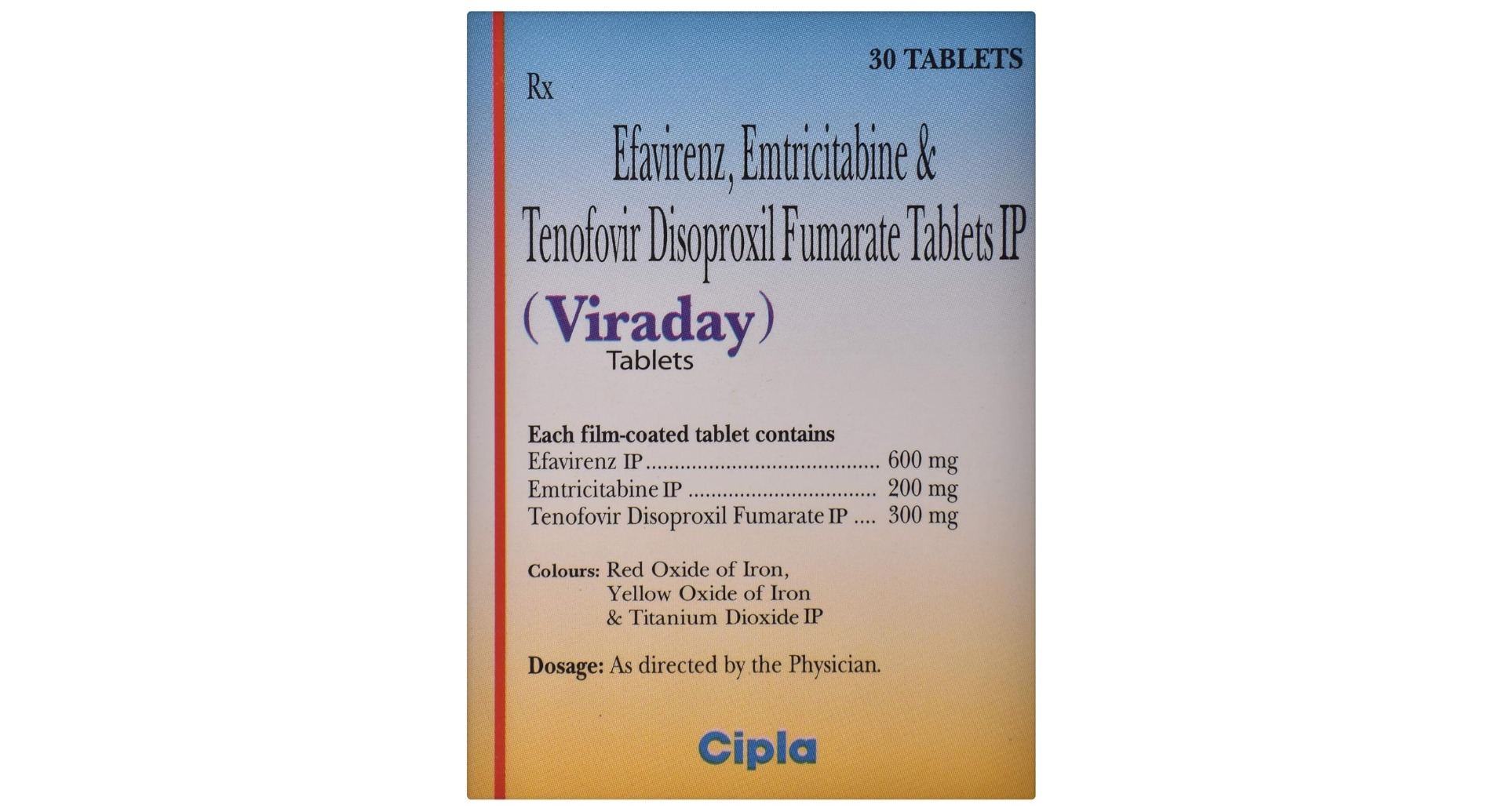 Viraday Tablet composition: Efavirenz 600mg, Emtricitabine 200mg, Tenofovir Disoproxil Fumarate 300mg