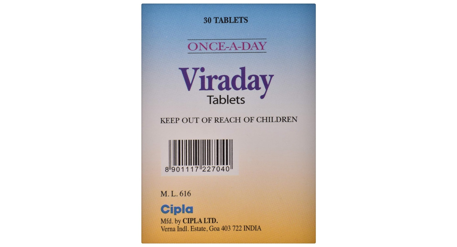 Viraday Tablets pack back with batch details, Cipla Goa