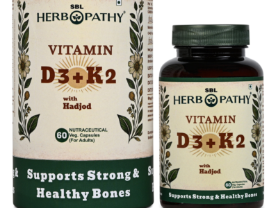 Vitamin D3 K2 with Hadjod capsules SBL Herbopathy 60 count bottle and carton