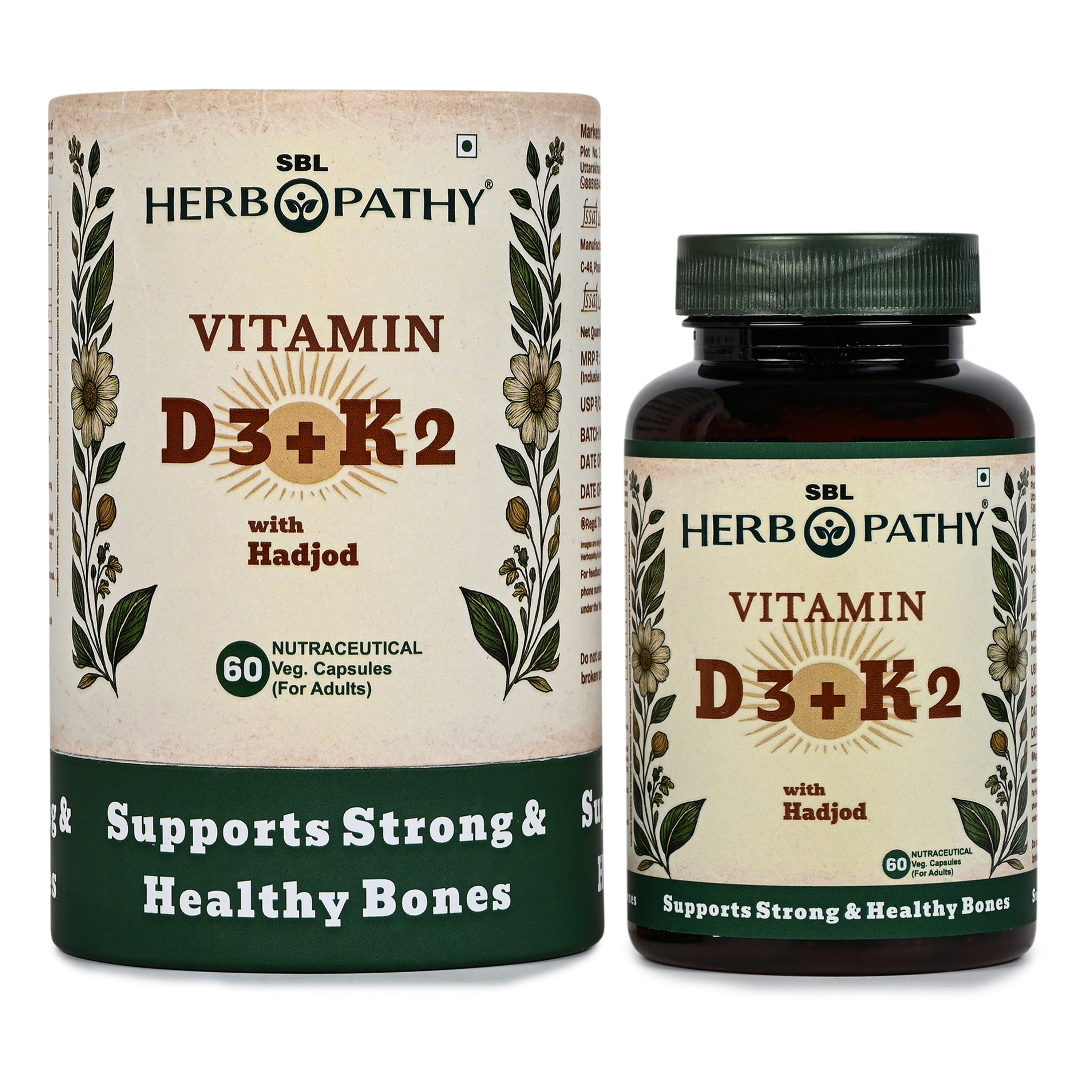 Vitamin D3 K2 with Hadjod capsules SBL Herbopathy 60 count bottle and carton