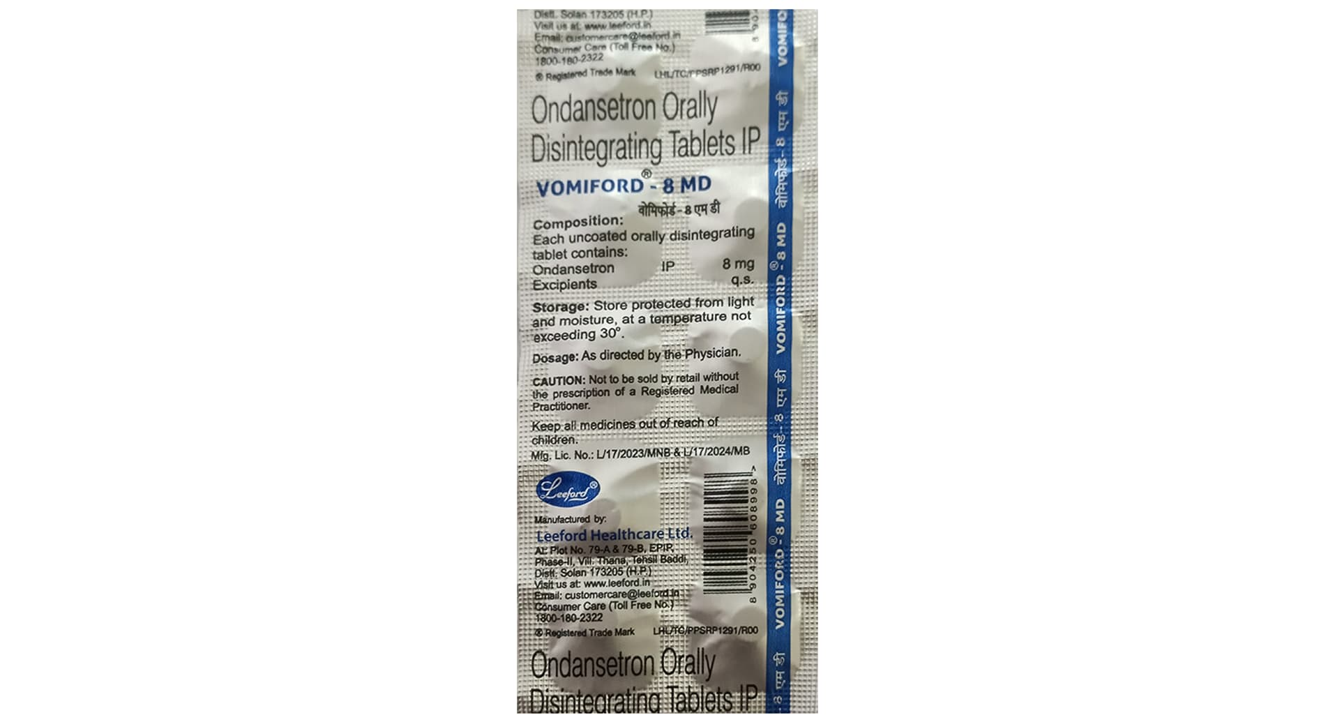 Vomiford 8 mg Tablet MD Leeford ondansetron 8 mg strip of 10