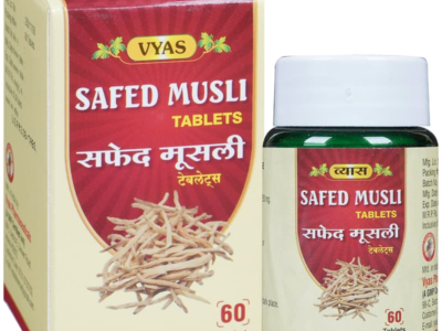 Vyas Safed Musli Ayurvedic Tablet box and bottle, 60 tablets