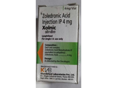 Xolnic 4mg Injection Khandelwal zoledronic acid IP 4 mg per vial carton with composition