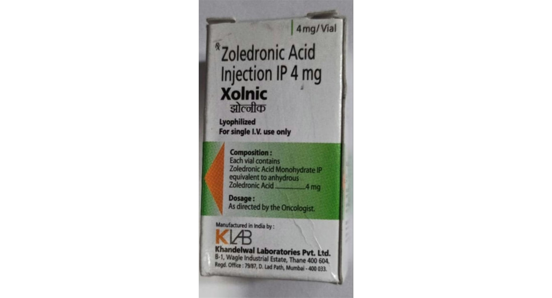Xolnic 4mg Injection Khandelwal zoledronic acid IP 4 mg per vial carton with composition