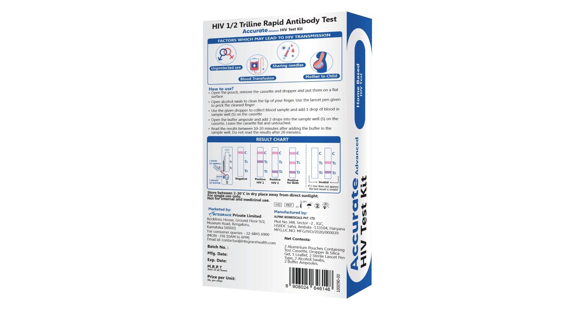 Accurate Advanced HIV Test Kit carton back with how to use and result chart