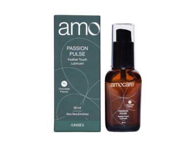 Amocare Passion Pulse Feather Touch Lubricant box and bottle front view