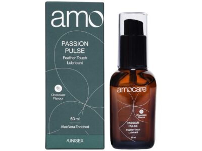 Amocare Passion Pulse Feather Touch Lubricant bottle and box alternate angle