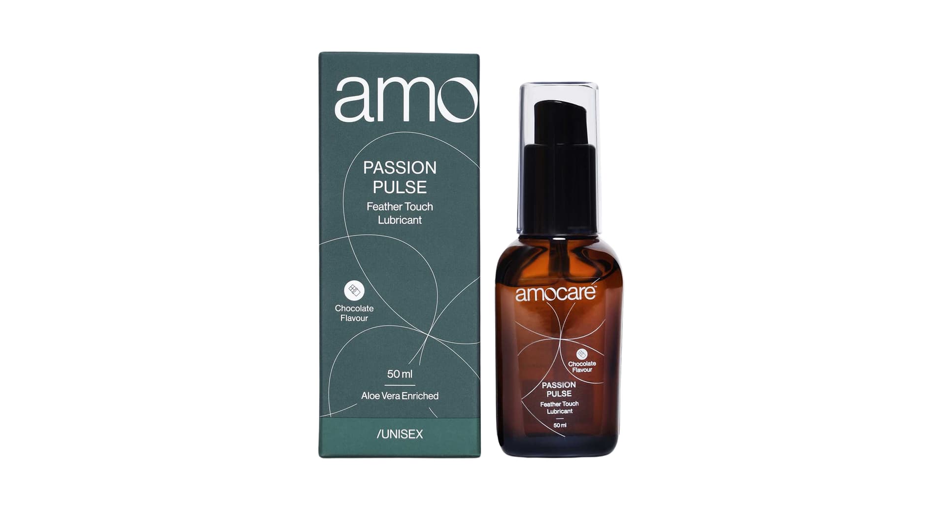 Amocare Passion Pulse Feather Touch Lubricant box and bottle front view