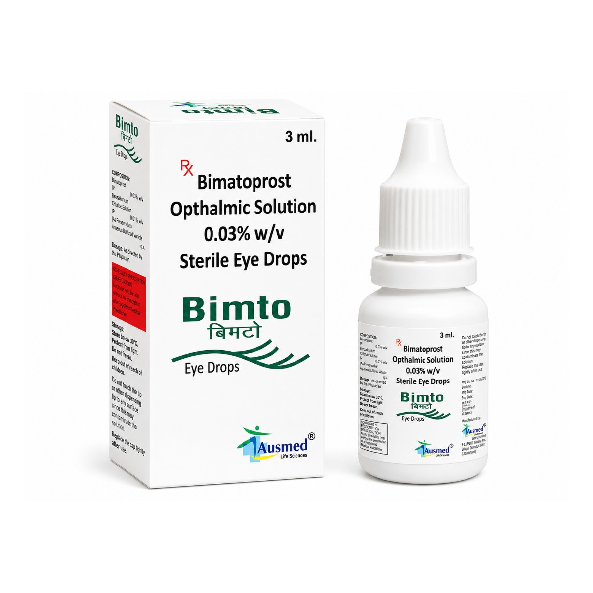 Bimto Bimatoprost Ophthalmic Solution 0.03% eye drops box and bottle