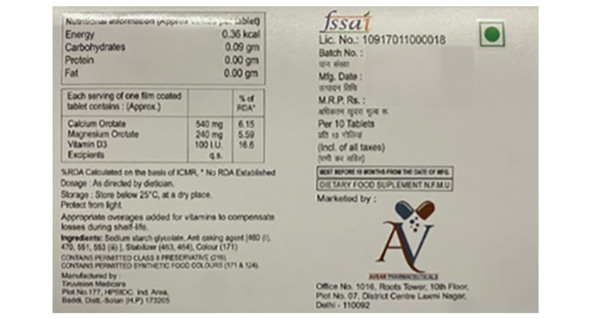 Calote Tablet composition, nutrition and manufacturer information panel