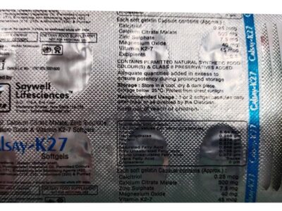 Calsay K27 Softgels back panel with composition and manufacturer information