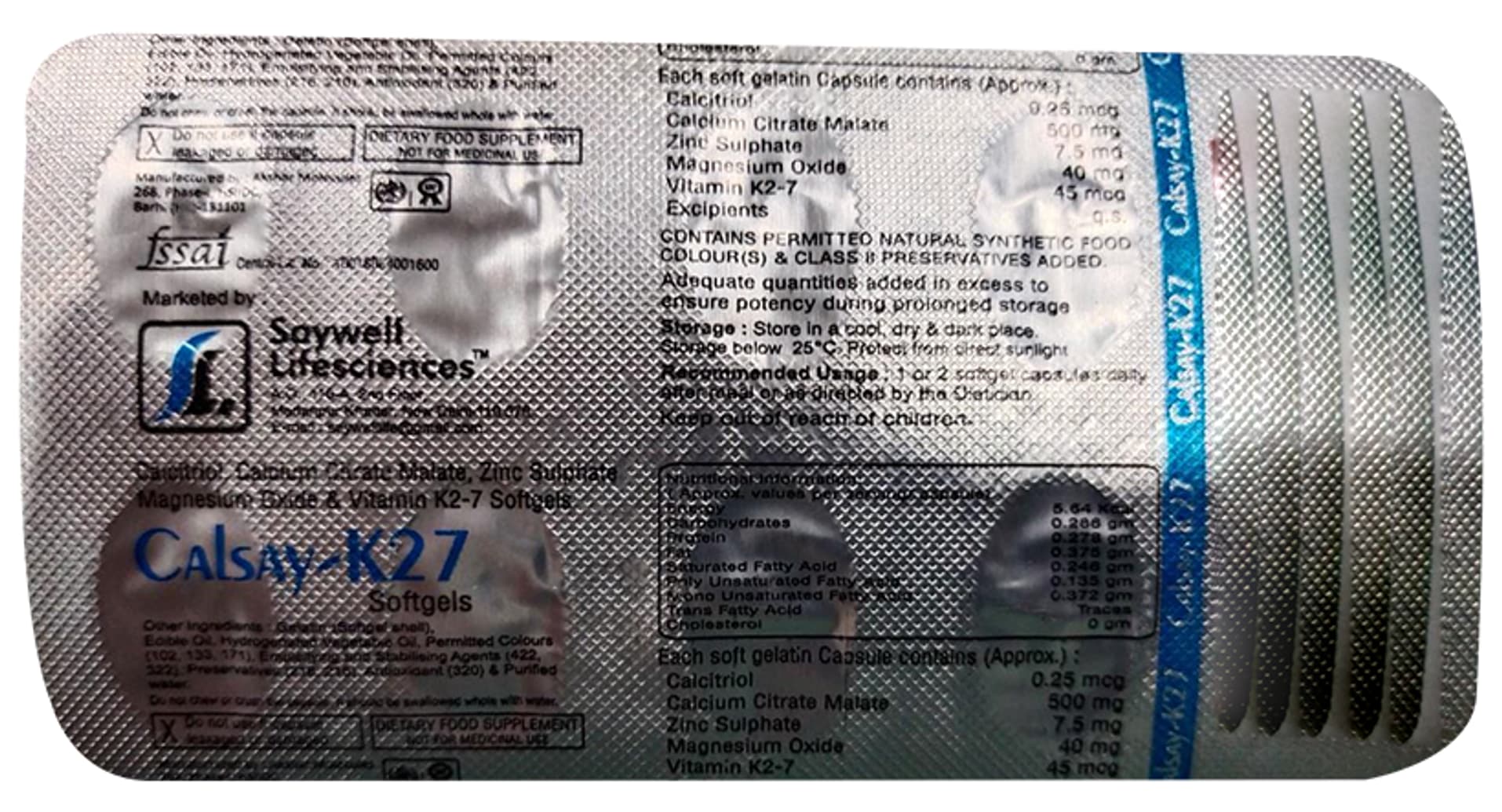 Calsay K27 Softgels back panel with composition and manufacturer information