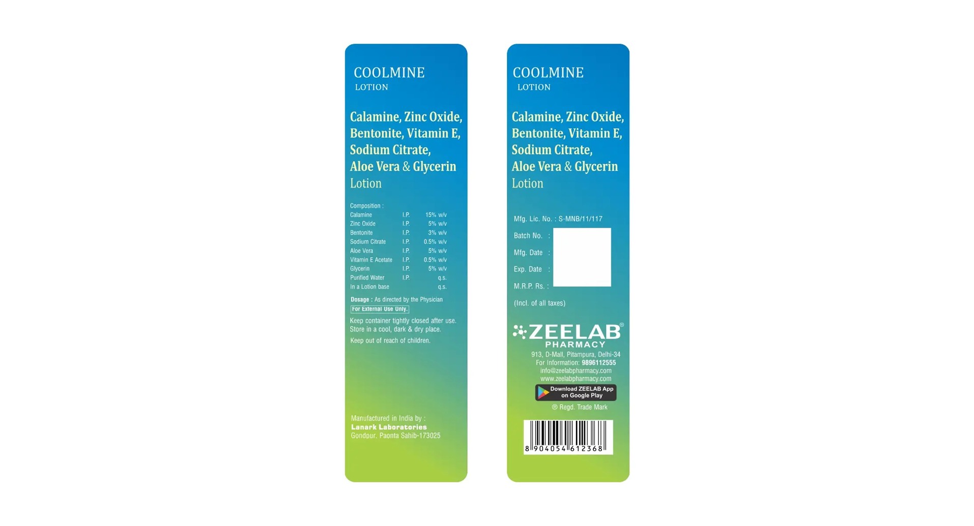 Coolmine Lotion label artwork with ingredients