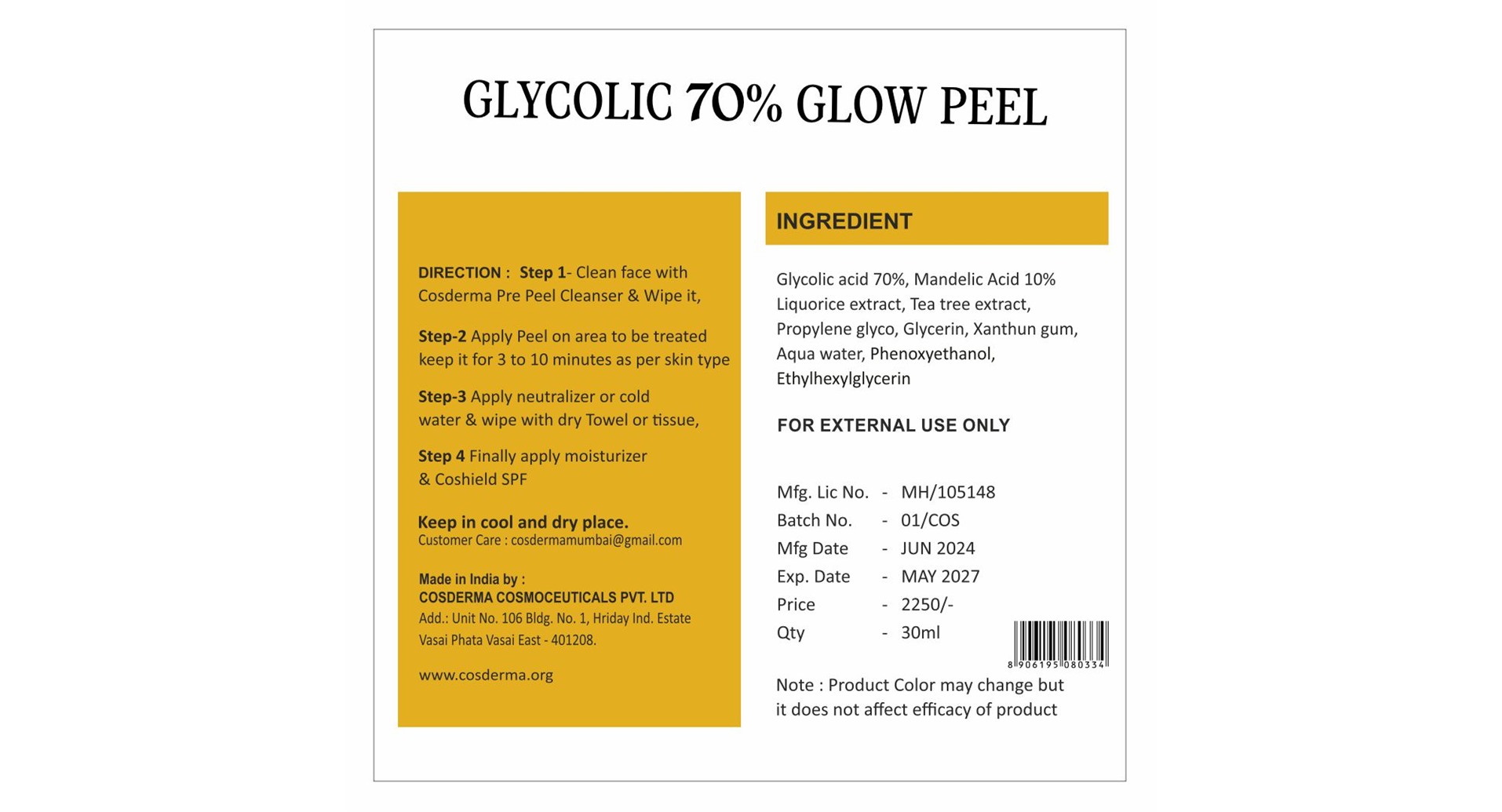 Cosderma Glycolic 70% Glow Peel back label with ingredients