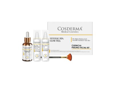 Cosderma Glycolic 70% Glow Peel kit flat lay