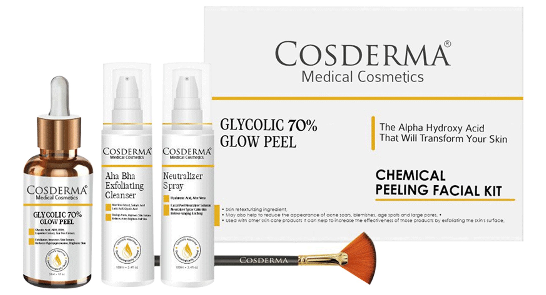 Cosderma Glycolic 70% Glow Peel full kit lineup