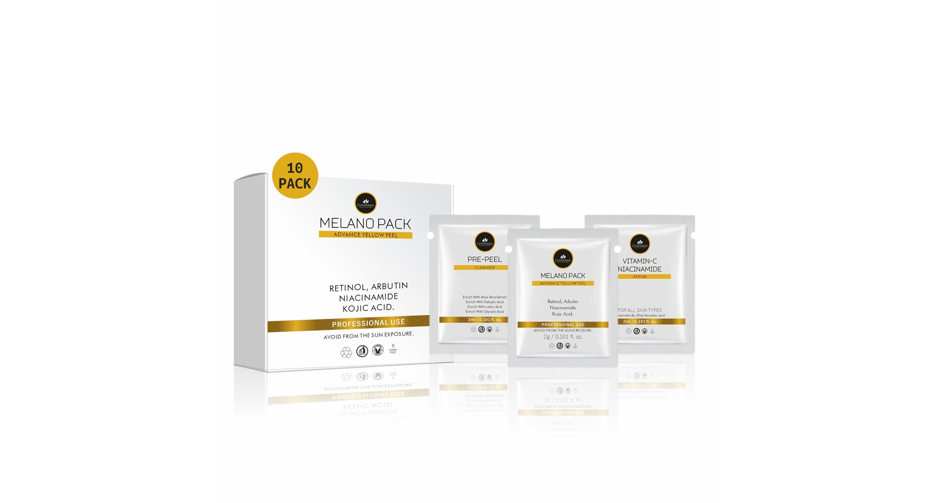 Cosderma Melano Pack Advance Yellow Peel 10 pack box and sachets
