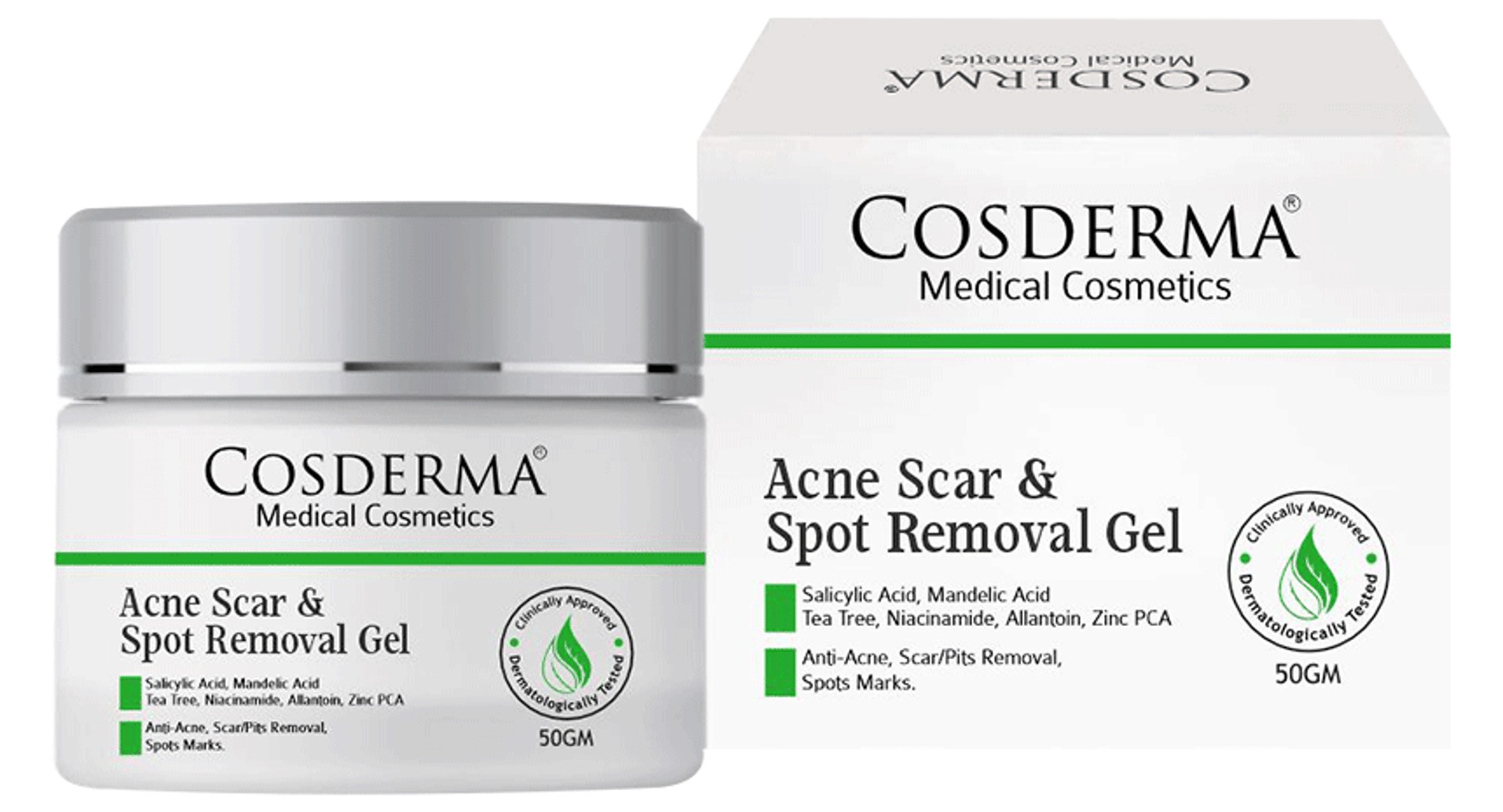 Cosderma Acne Scar & Spot Removal Gel jar and box front