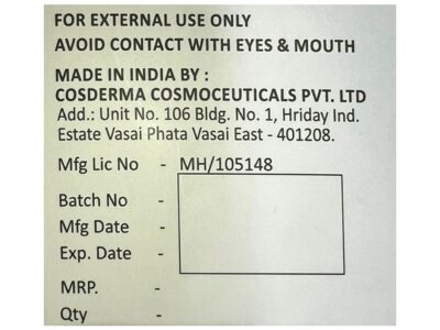 Cosderma Acne Scar & Spot Removal Gel back label with ingredients
