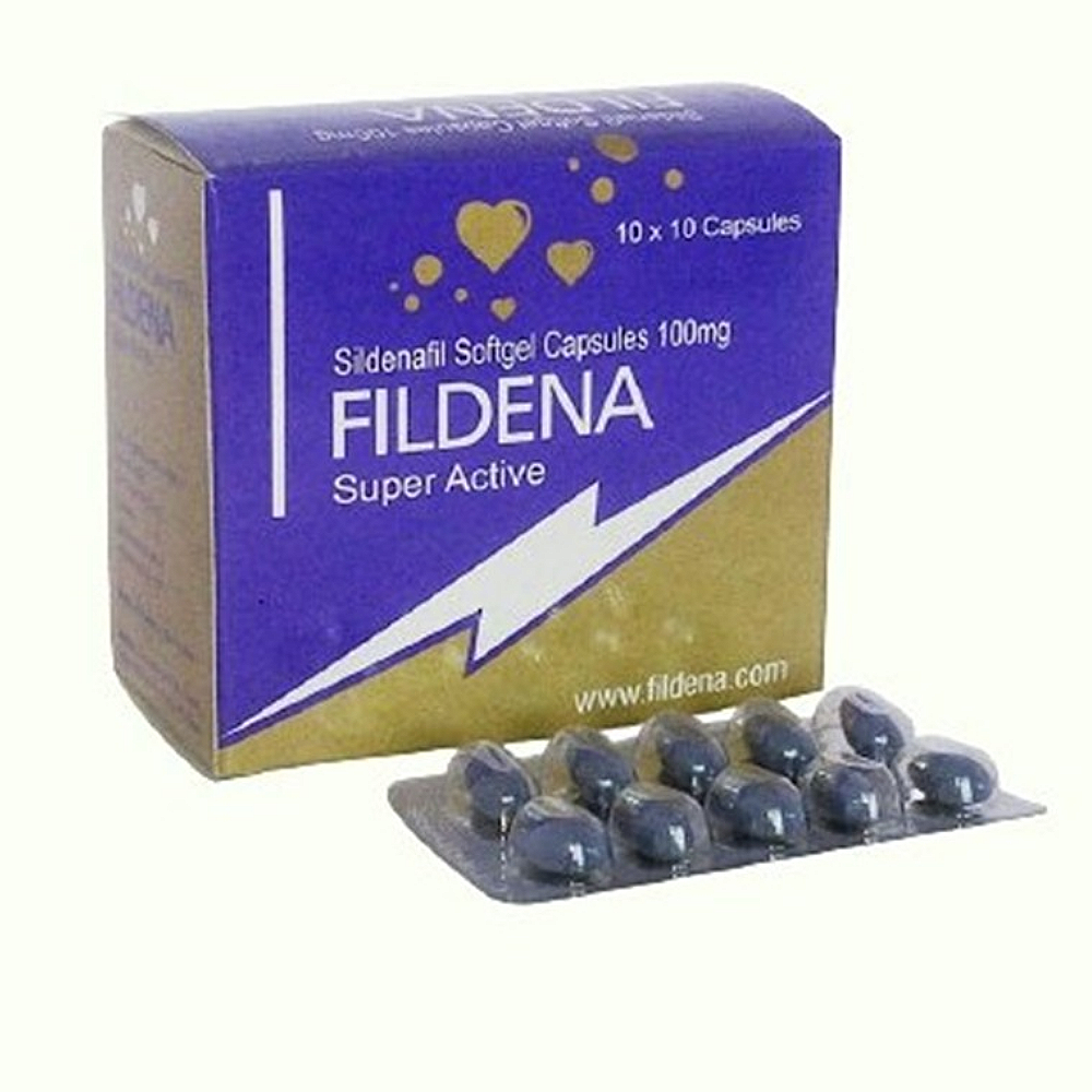 Fildena Super Active 100 Mg Softgel Capsule Sildenafil Citrate 100mg box and strip