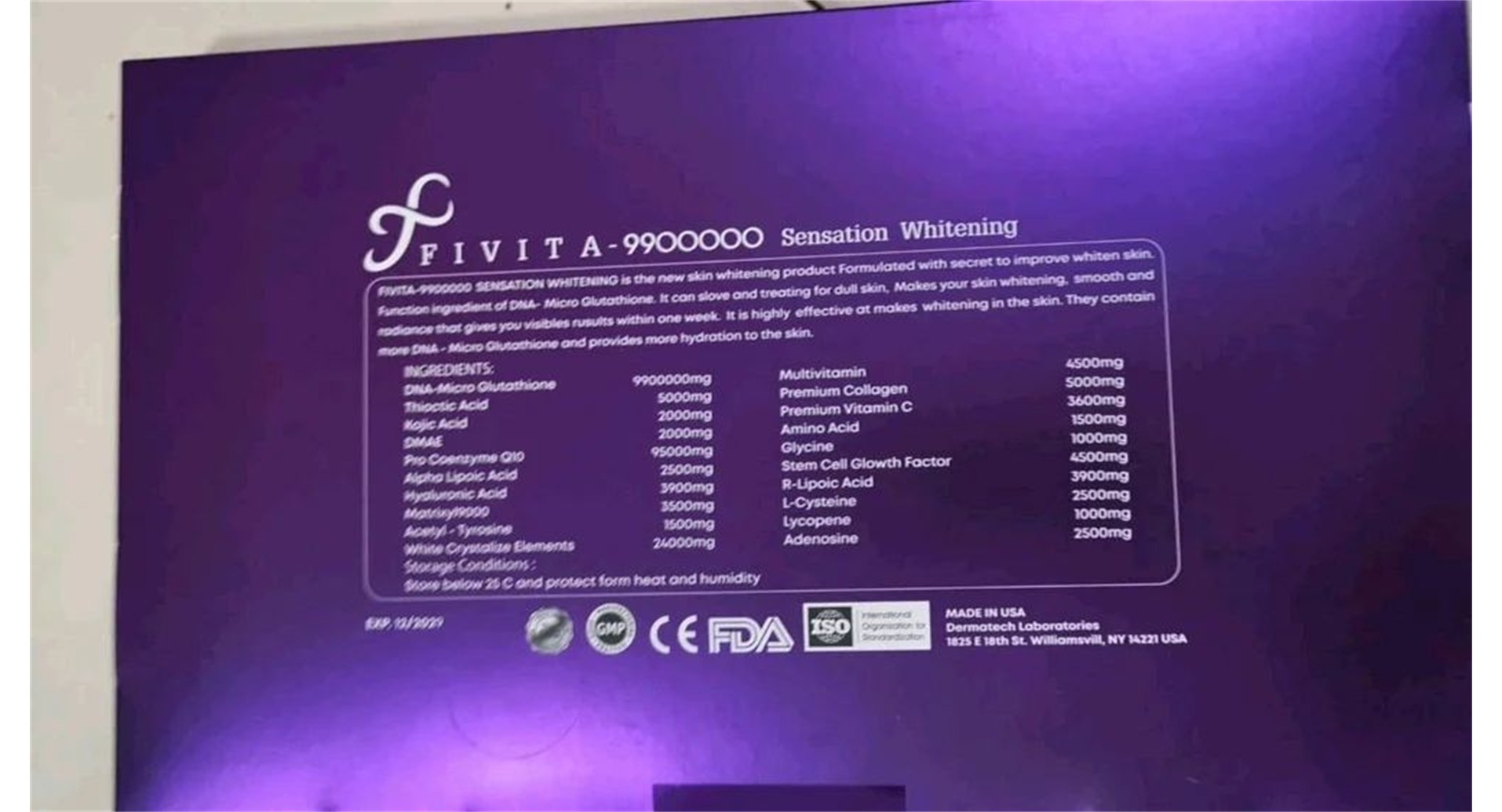 Fivita 9900000 Glutathione Skin Whitening Injection - Image 3