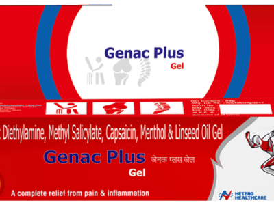 Genac Plus Gel box front with Diclofenac Diethylamine Methyl Salicylate Capsaicin Menthol Linseed Oil Gel