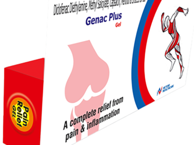 Genac Plus Gel box angled view showing pain relief gel packaging by Hetero Healthcare