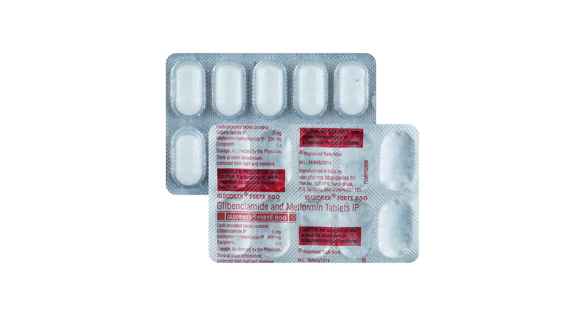 Glucored Forte 850 Tablet glibenclamide 5mg and metformin 850mg strip