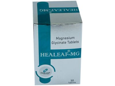 Healeaf MG Tablet box front with magnesium glycinate formulation