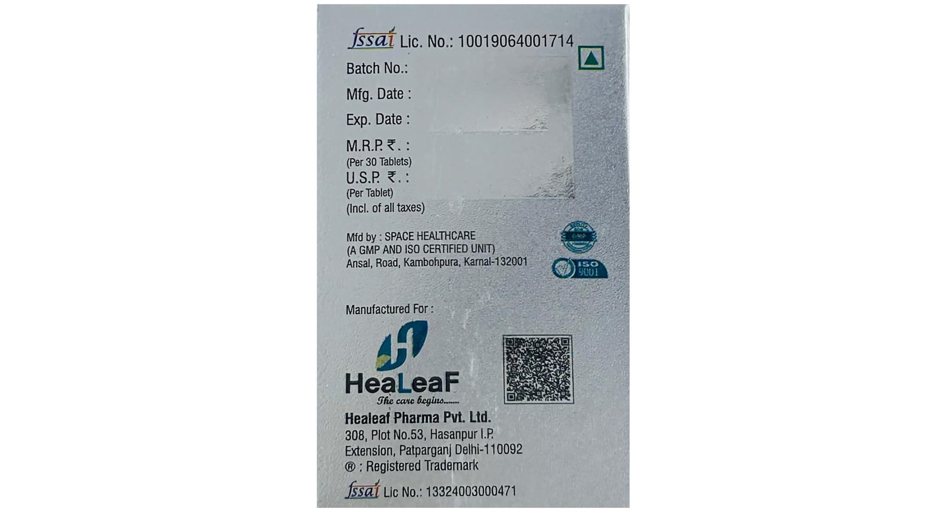 Healeaf MG Tablet manufacturer, marketer and batch details panel