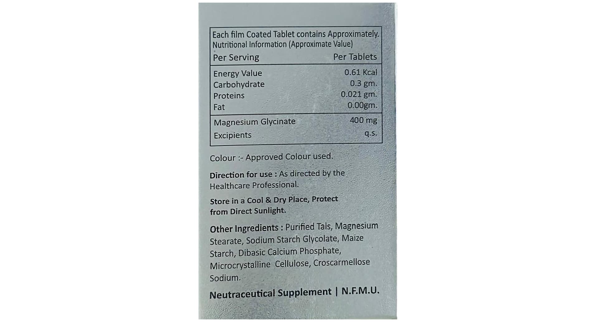 Healeaf MG Tablet nutritional information and directions for use panel