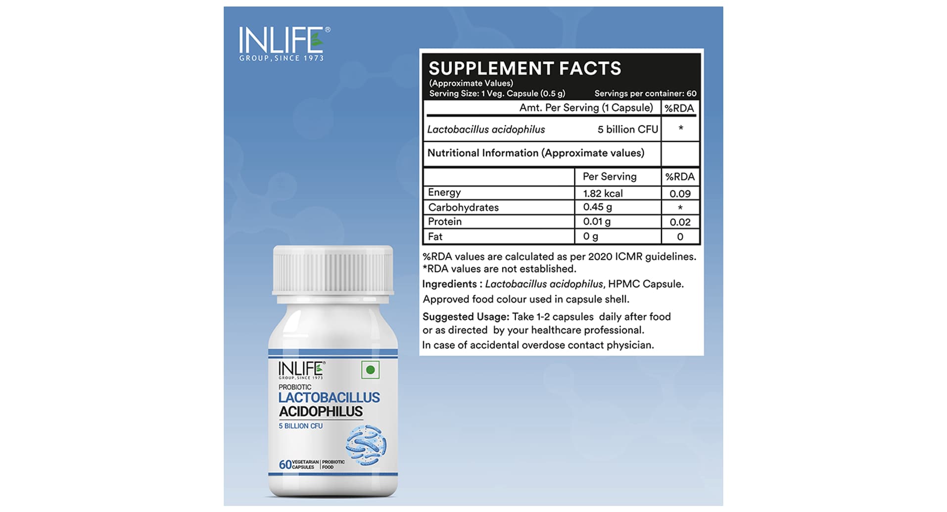 Inlife Probiotic Lactobacillus Acidophilus 5 Billion CFU Vegetarian Capsule - Image 5