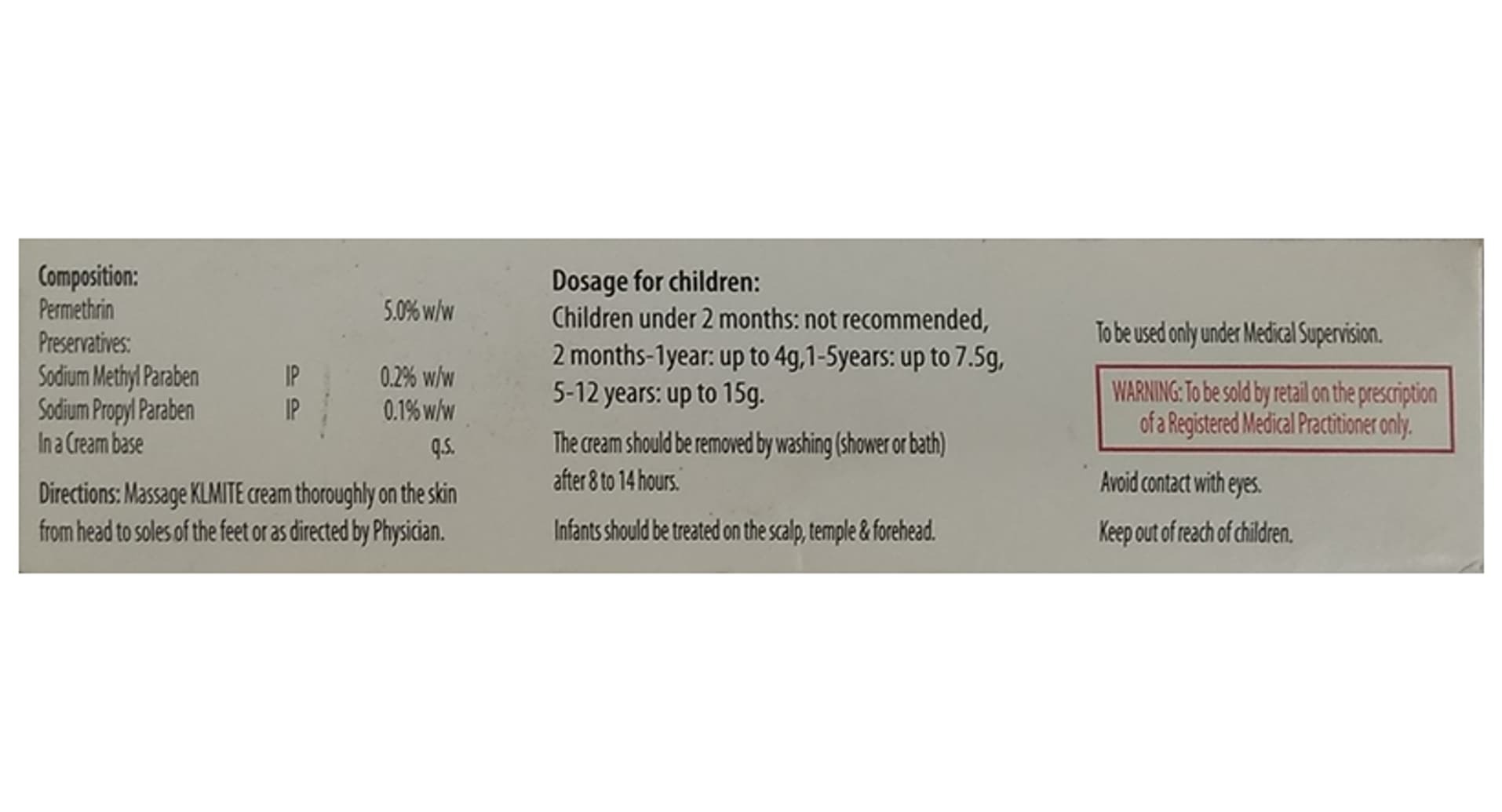 Klmite Cream composition, directions and dosage information