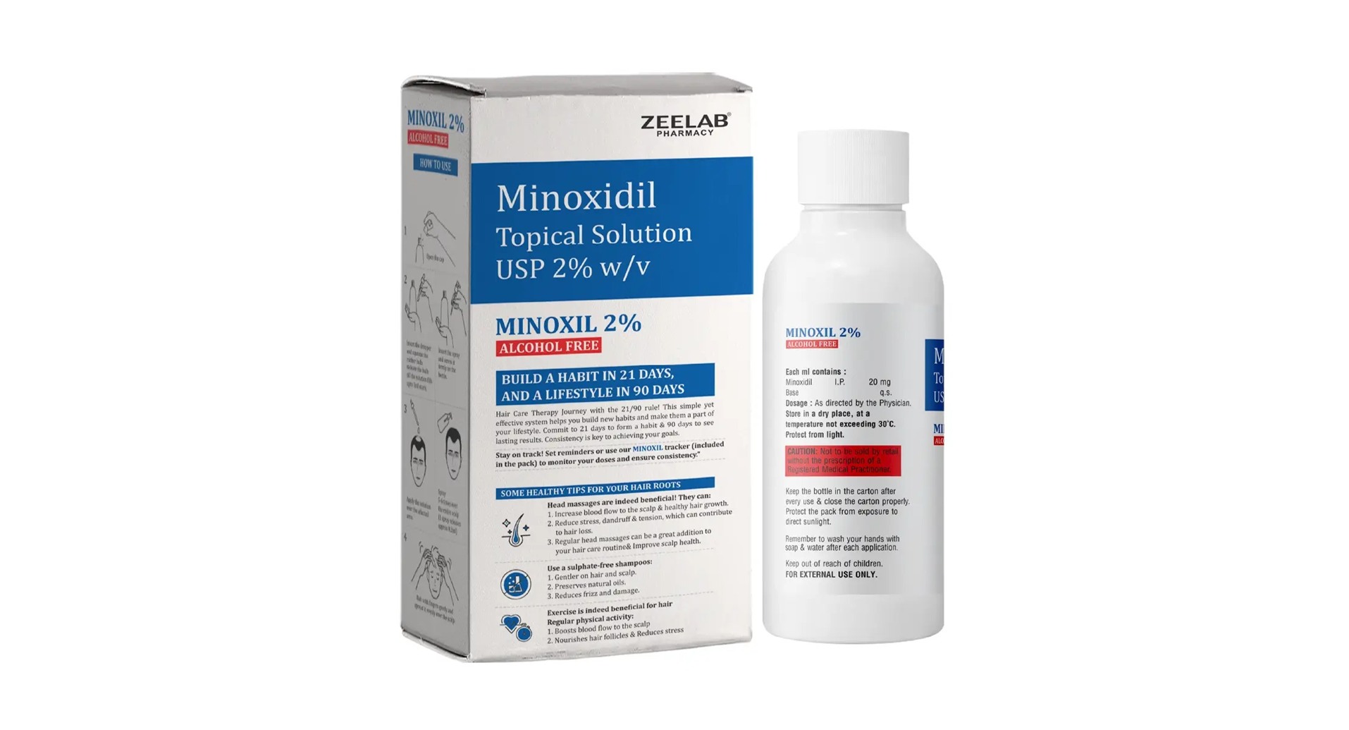 Minoxil 2% Alcohol Free Solution box side panels with composition and caution label