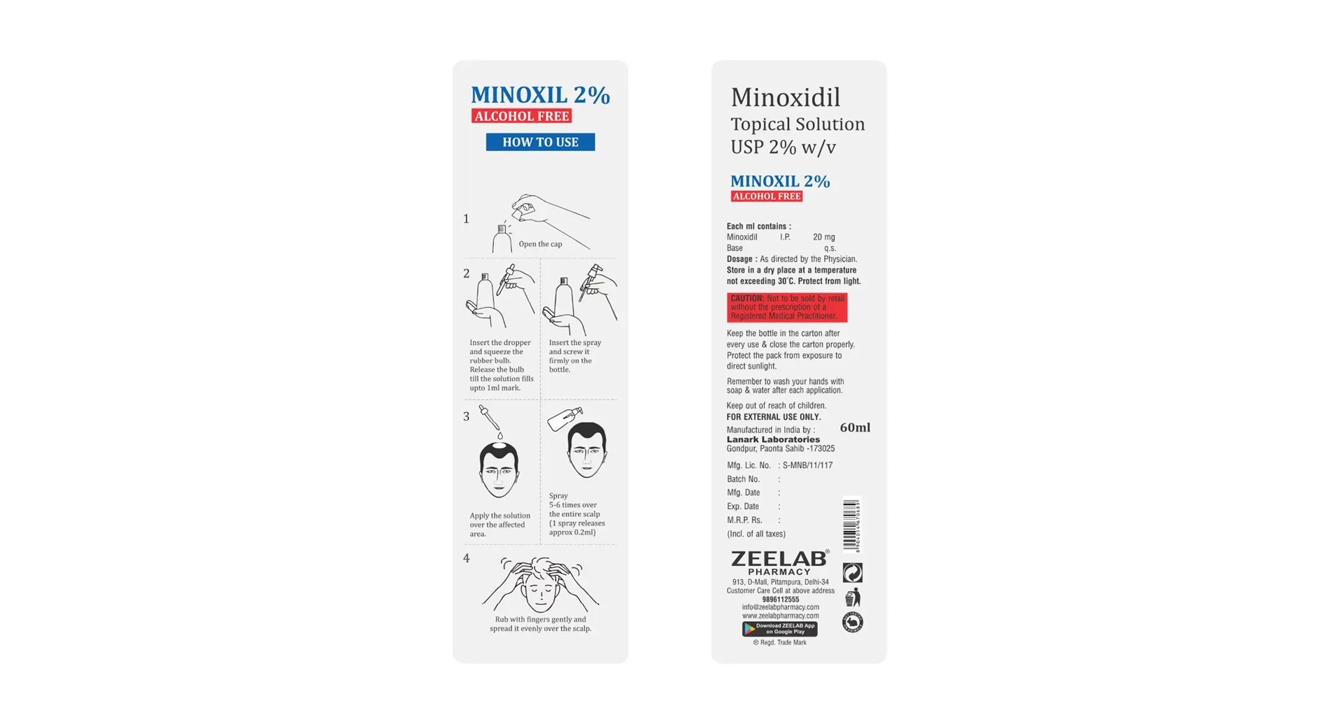 Minoxil 2% Alcohol Free Solution box back panels with manufacturer details