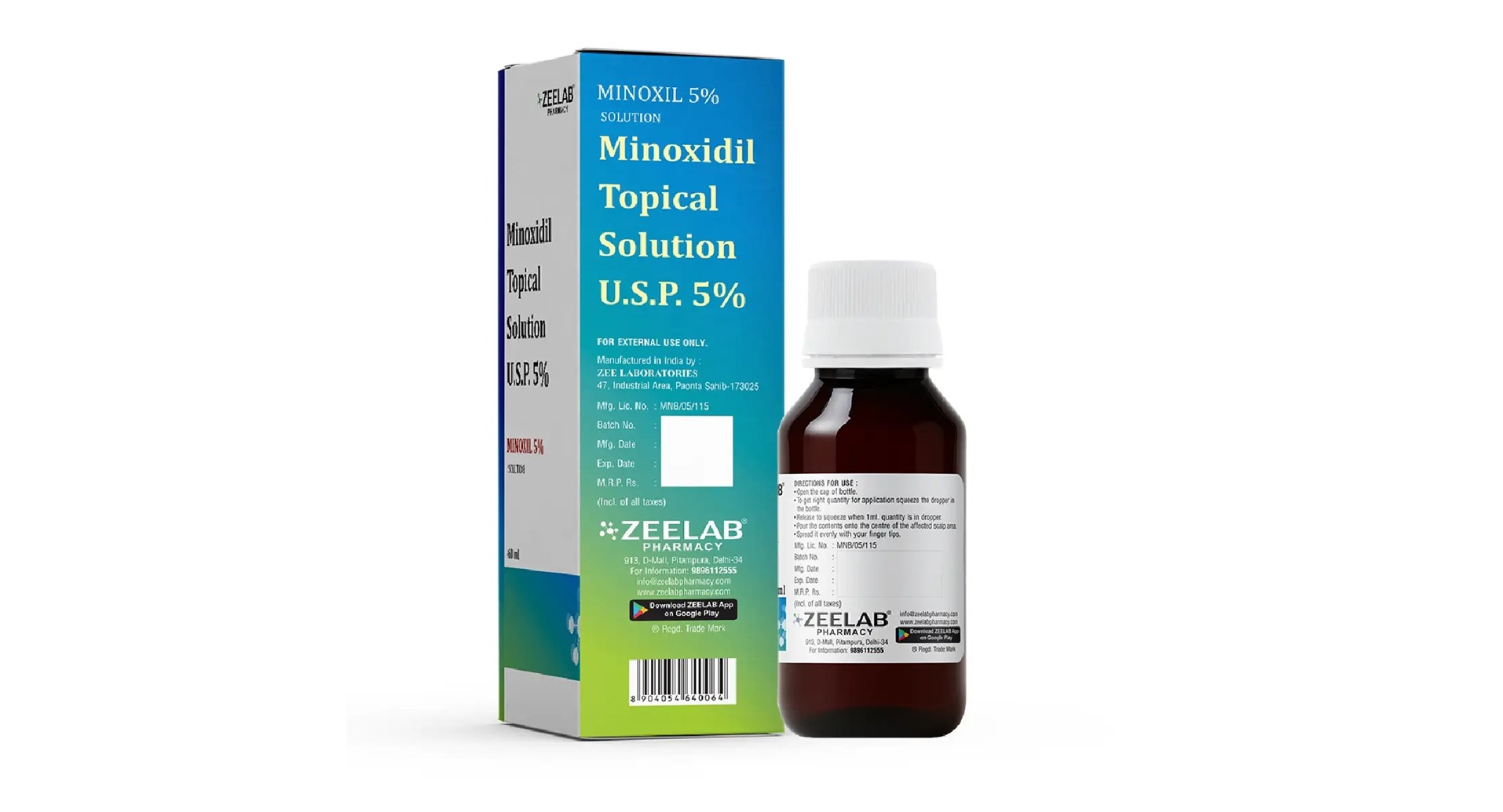 Minoxil 5% Topical Solution back label with composition