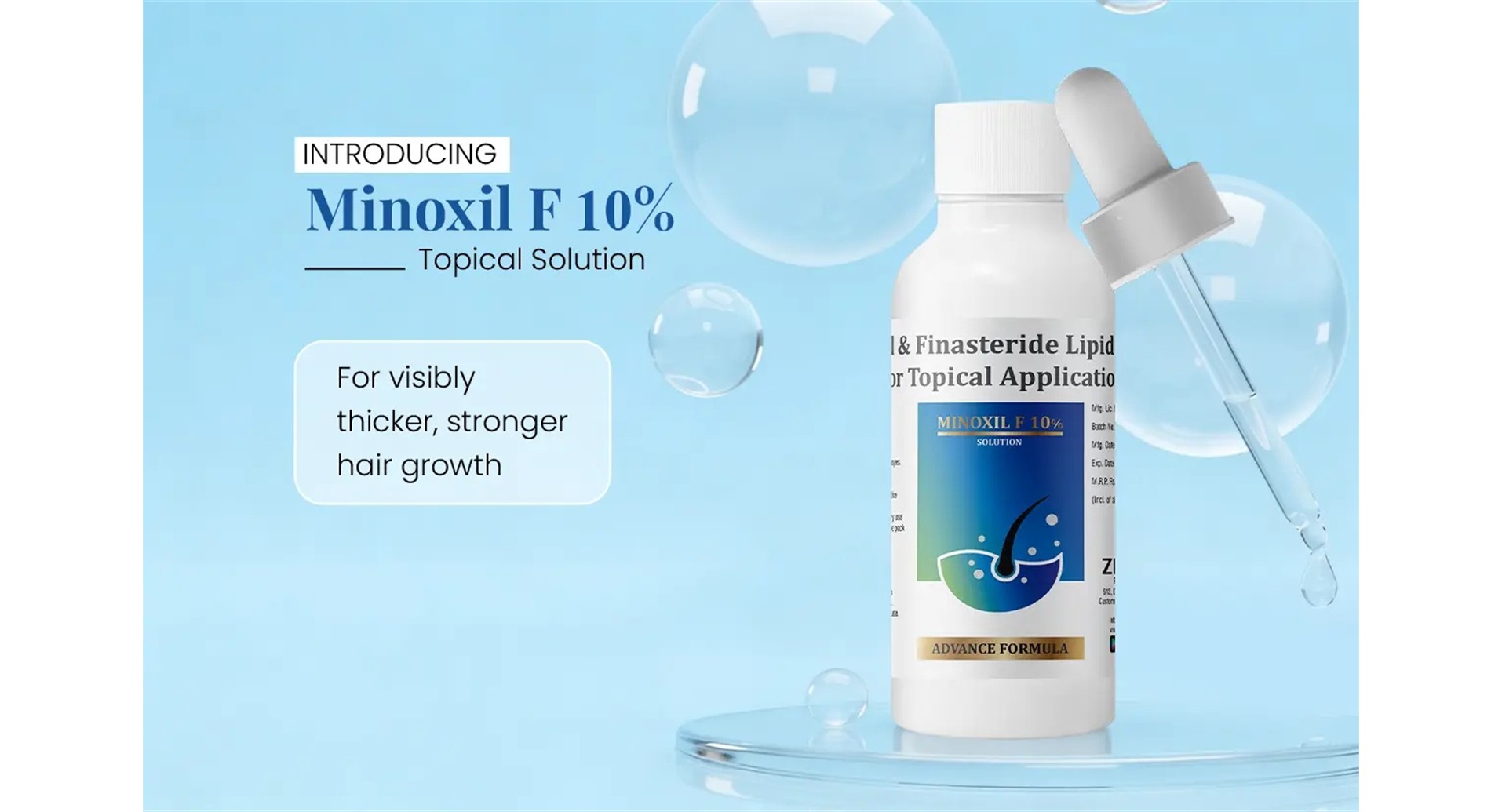 Minoxil F 10% Topical Solution introducing advance formula bottle