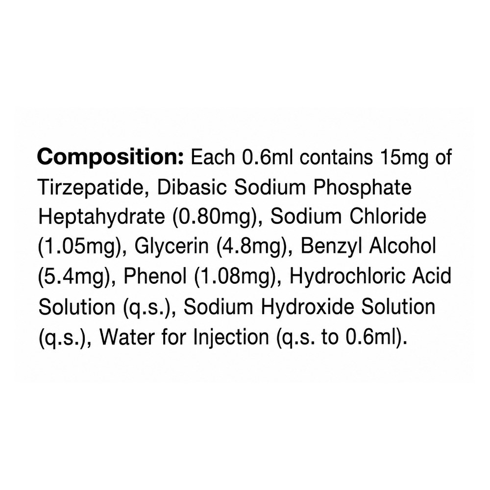 Mounjaro 15mg KwikPen composition panel - each 0.6 ml contains Tirzepatide 15 mg with glycerin, benzyl alcohol and phenol